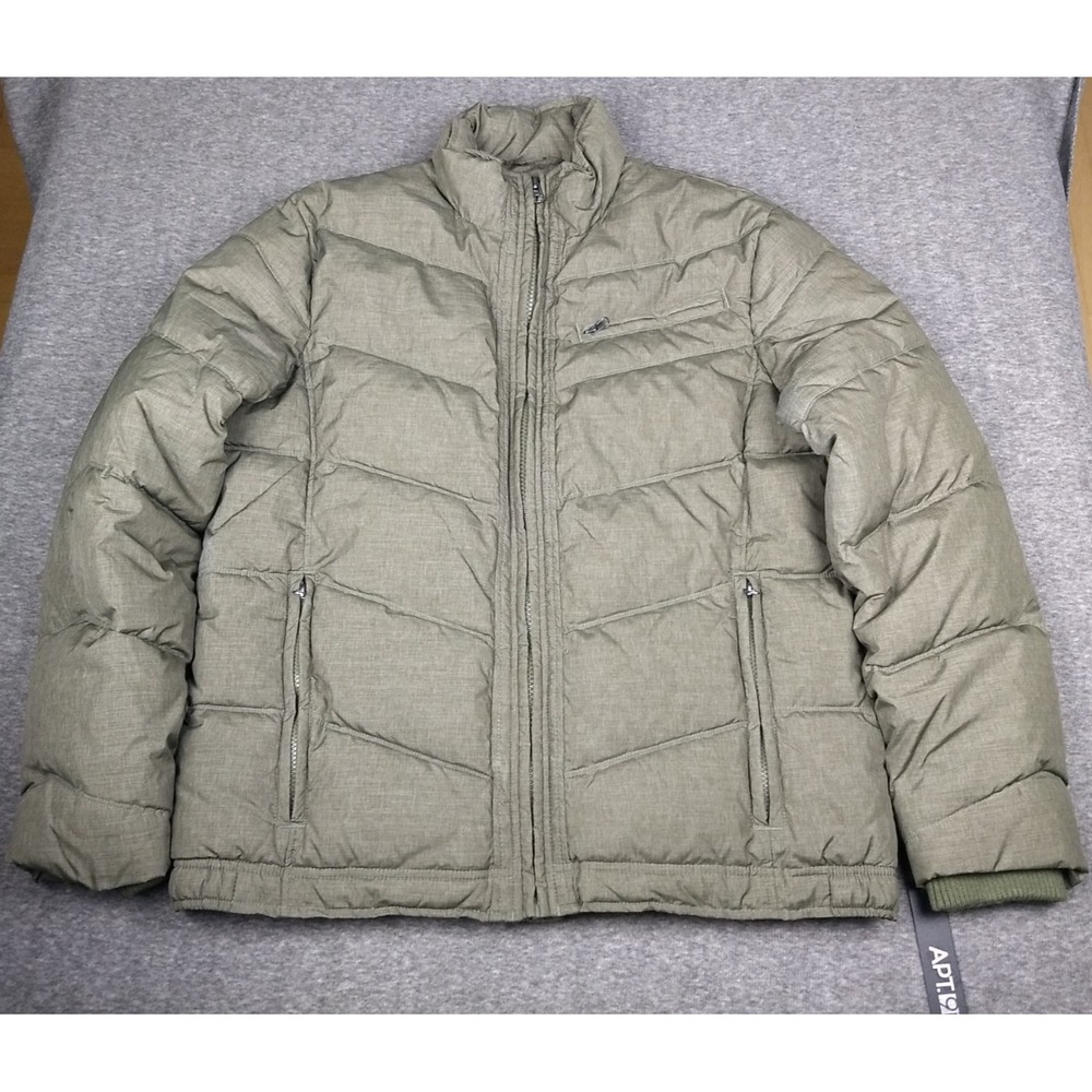 APT 9 Quilted Puffer Jacket Olive Green Mens L Full Zip Ribbed Cuffs Pockets NEW